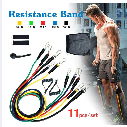 11 PCS Latex Resistance Band Set Yoga Pilates Abs Exercise Fitness Gym Workout Set With Elastic Tube, Door Anchor, Ankle Straps, And Handles For Weight Loss Or Stretch